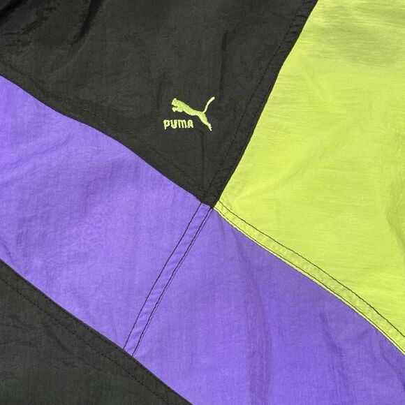 Vintage 90s Puma Windbreaker Jacket Size M Neon Purple Green Black Hood Track - Picture 3 of 5